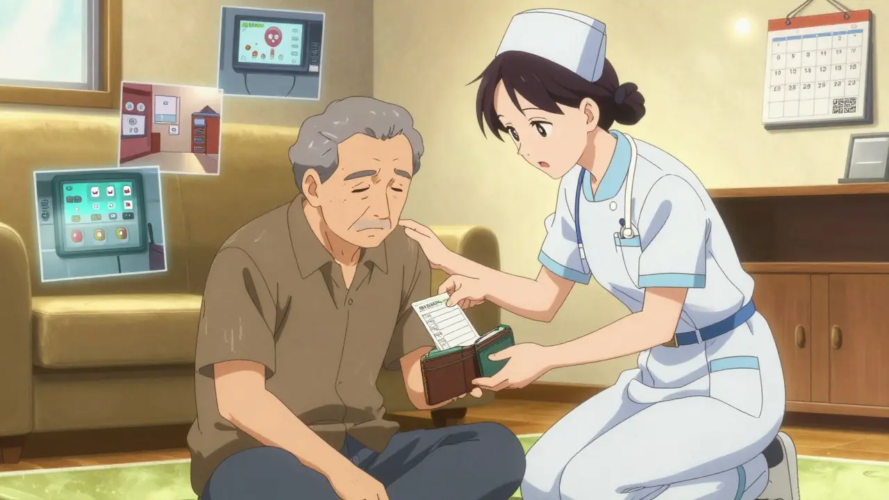 Home health nurse comforting elderly man after dizziness, holding printed med list, flashbacks of drug interactions in background panels.