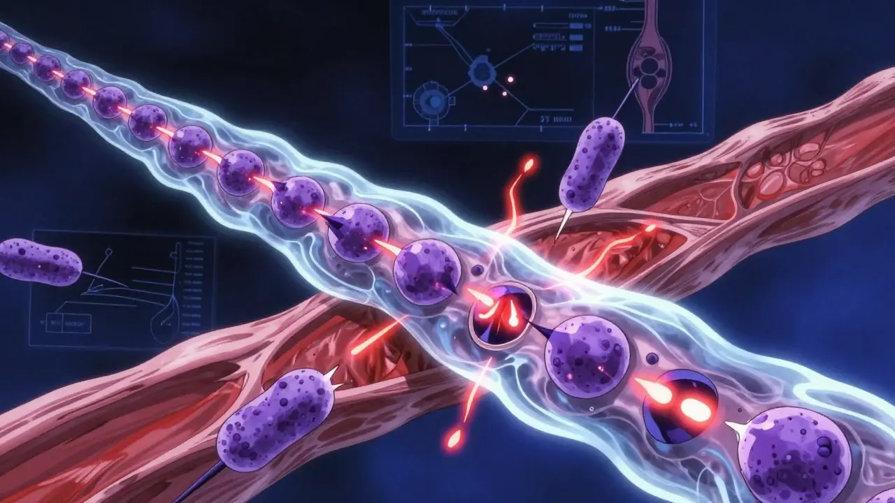 Immune antibodies attack muscle receptors in a glowing, stylized medical battle scene.