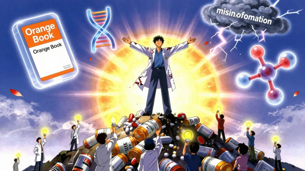 Injured worker stands atop discarded brand bottles, holding a generic pill as light shines around him.