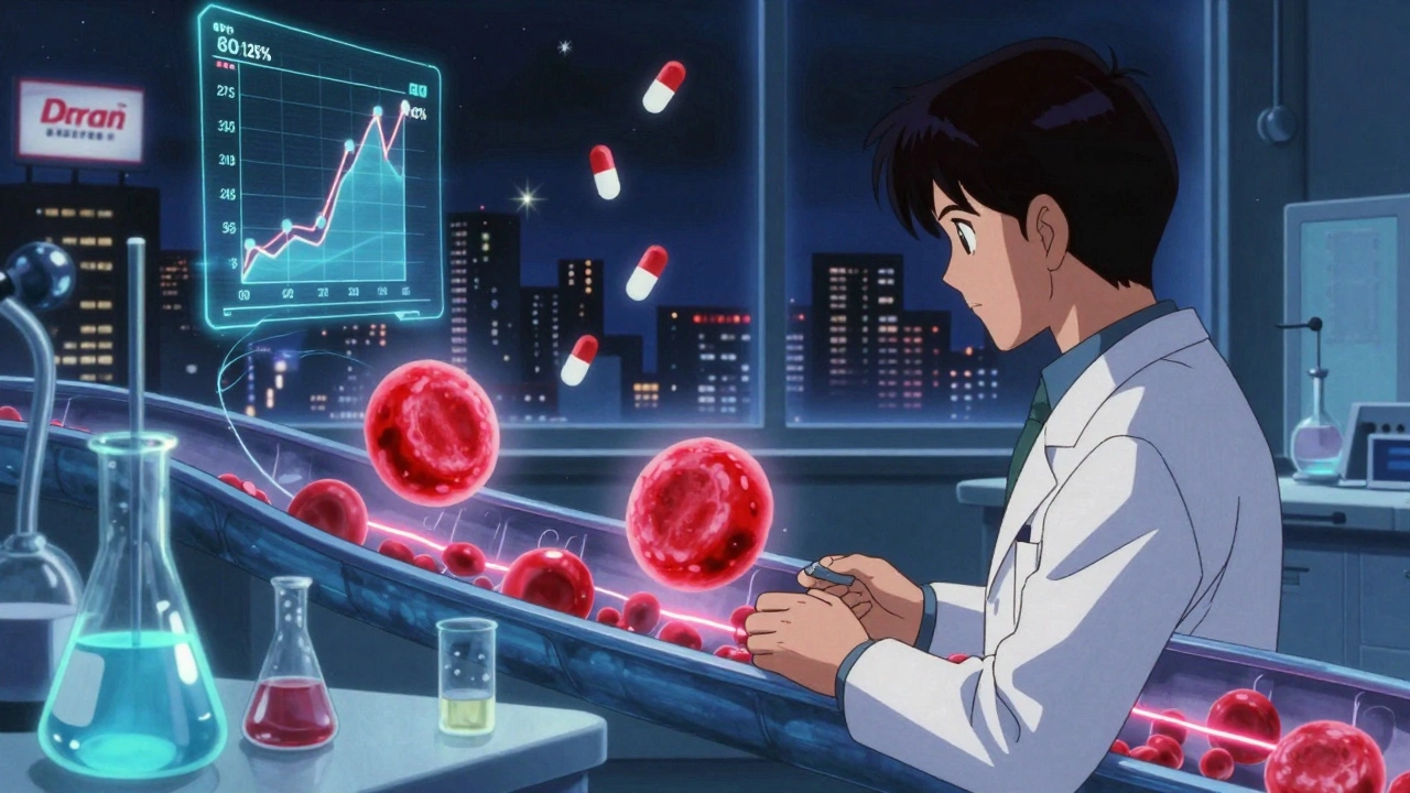 Lab with holographic absorption graphs and synchronized blood cells, generic pills rising like stars.
