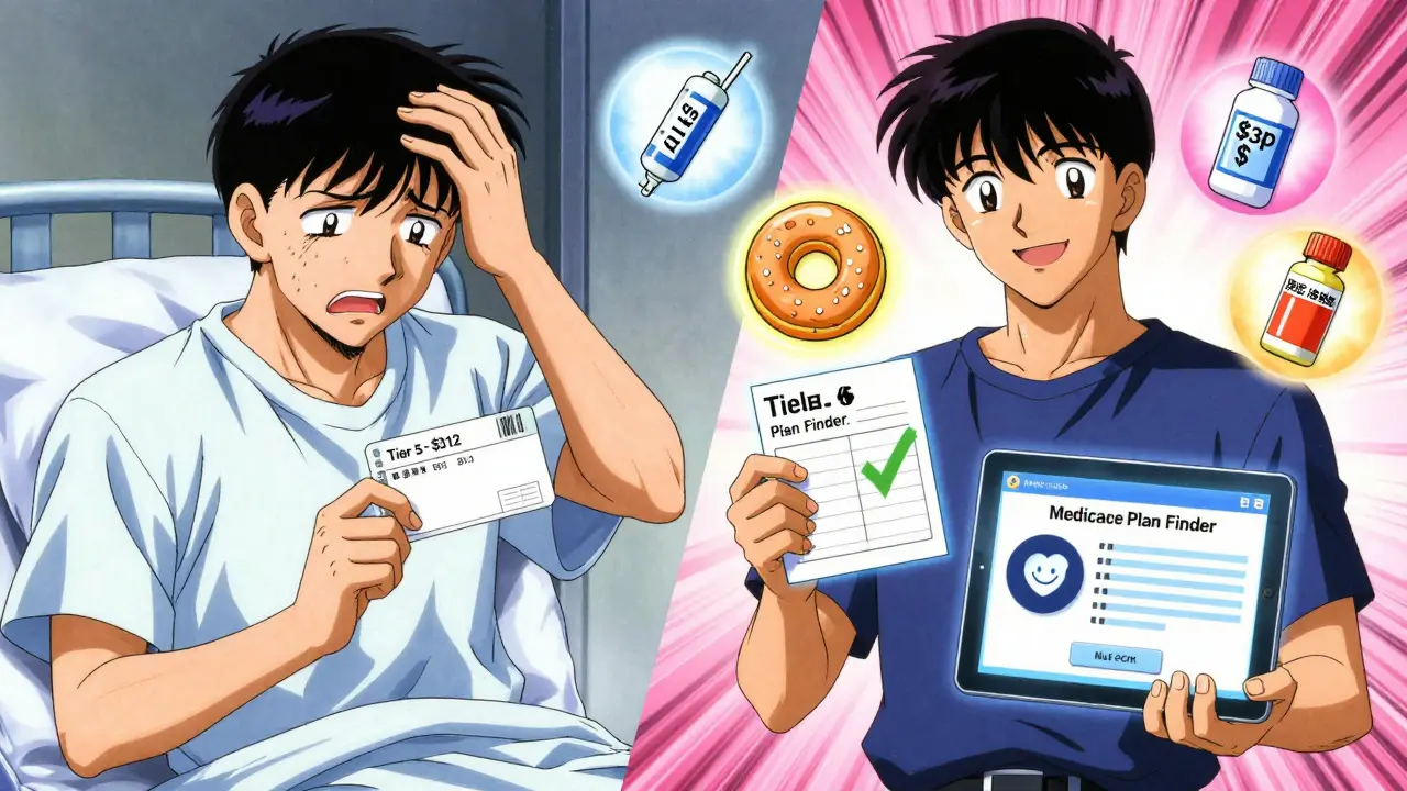 Man comparing high and low drug costs side-by-side with Medicare Plan Finder interface.