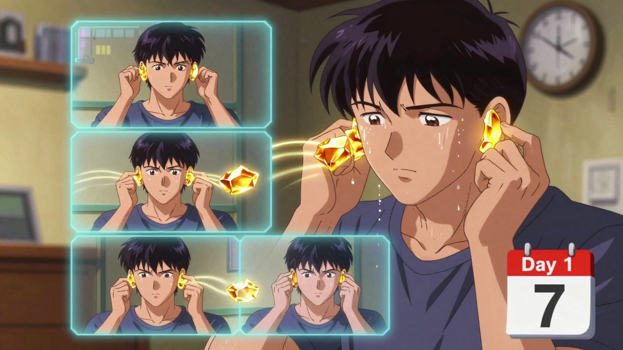 Man doing Epley maneuver at home with glowing crystals and progress calendar