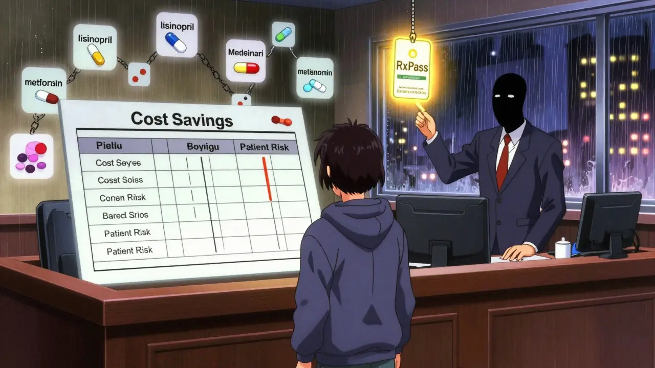 Patient confronting faceless insurance executive amid floating drug icons and RxPass glow.