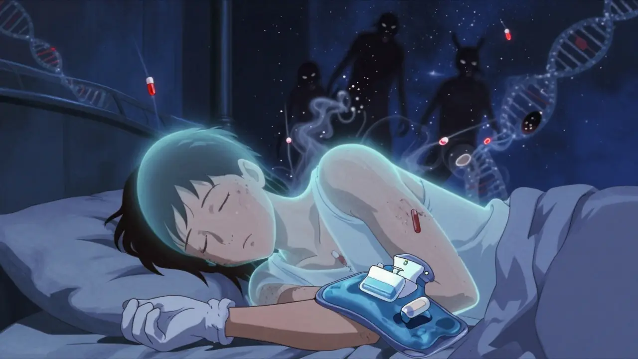 Person sleeping with cold pack on arm, skin barrier glowing intact as immune warriors fade away, anime style.