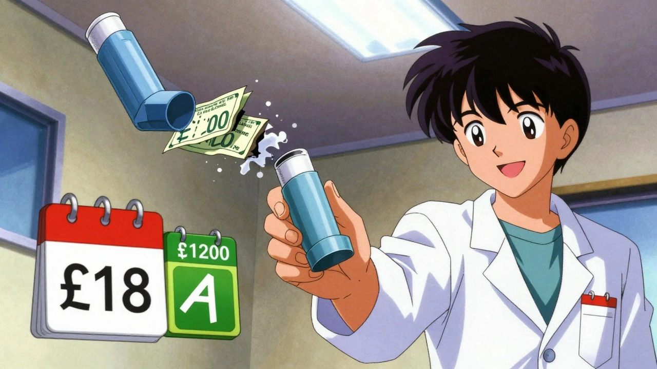 Pharmacist giving inhaler as floating icons show cost savings and improved life.