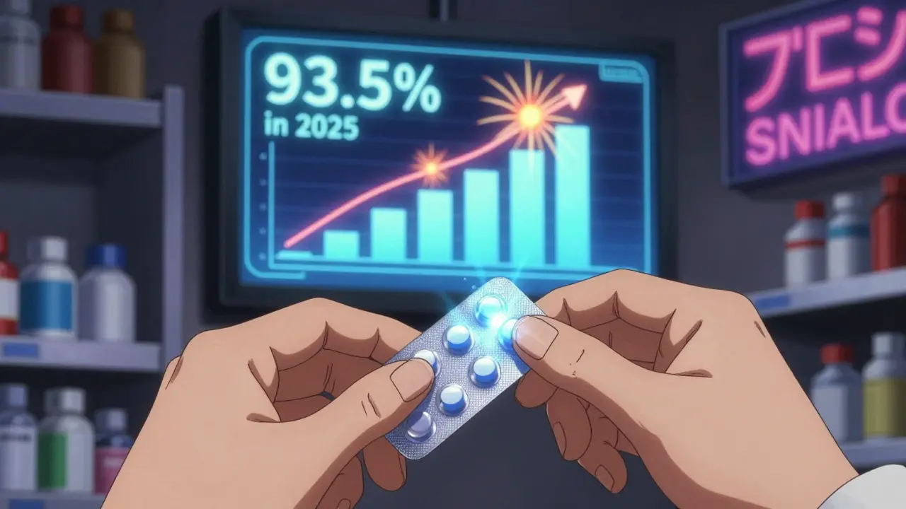 Pharmacist places a glowing generic pill into a pack while digital stats rise in the background.
