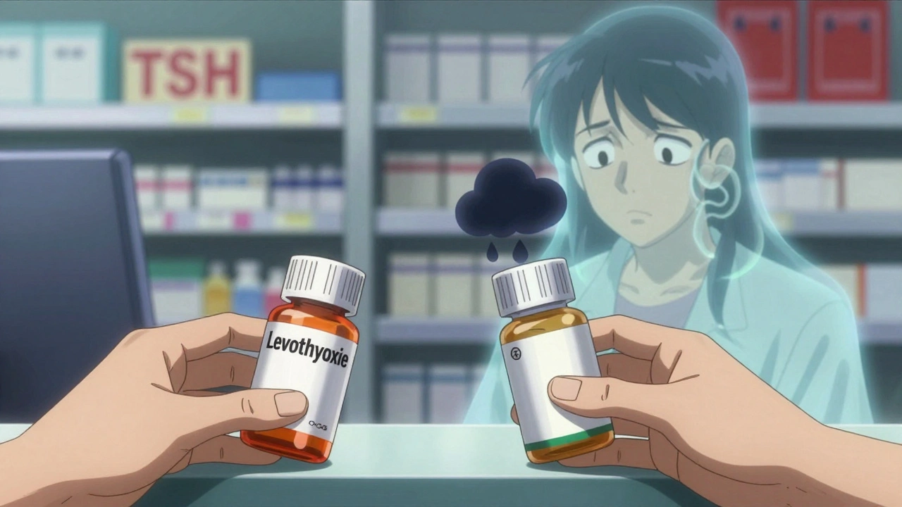 Pharmacy exchange of thyroid medication bottles with ghostly fatigue symbol emerging from generic brand.