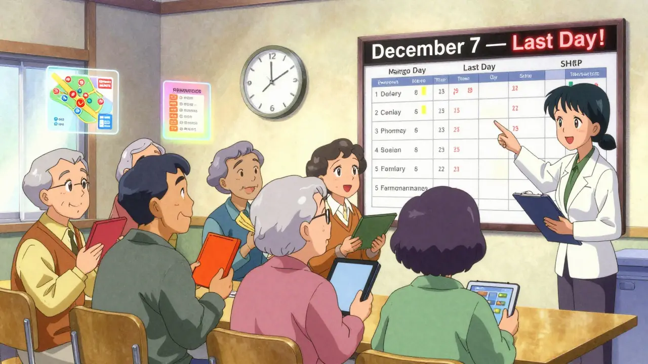 Seniors getting help from a counselor at a community center during Medicare enrollment.