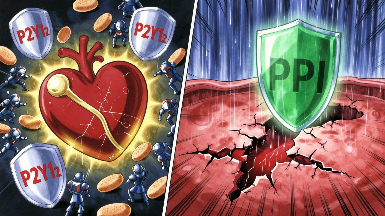 Split illustration showing a heart with a stent and a damaged stomach lining, protected by opposing medical shields.
