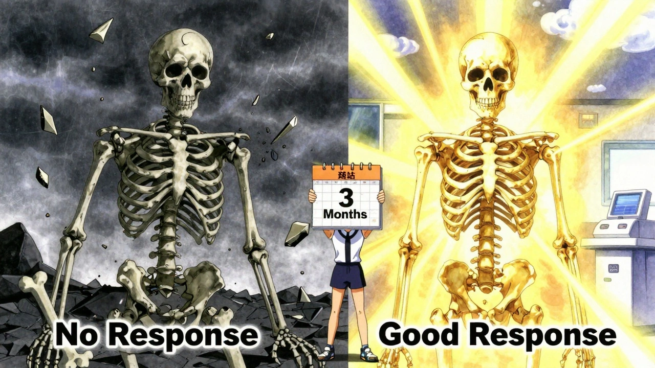 Split image: crumbling skeleton vs. glowing golden skeleton, symbolizing treatment response.