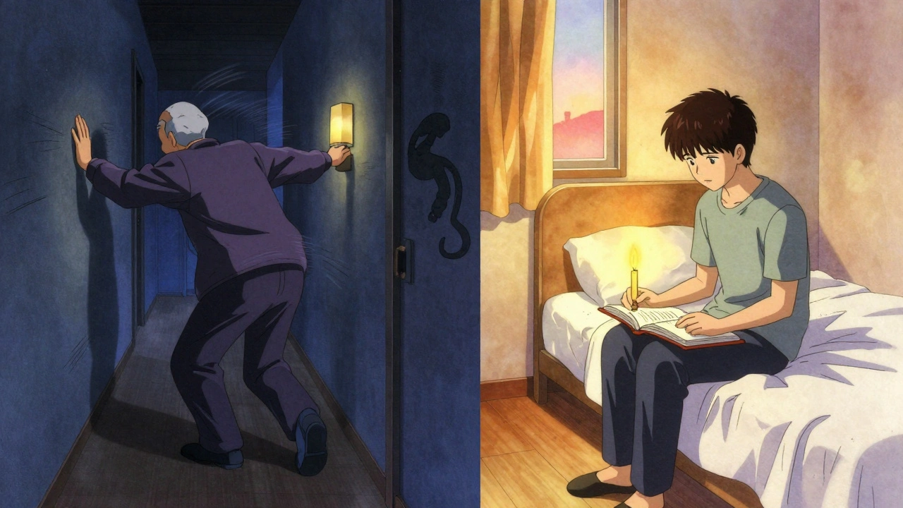 Split scene: elderly person stumbling at night vs. young person calmly journaling at sunrise.