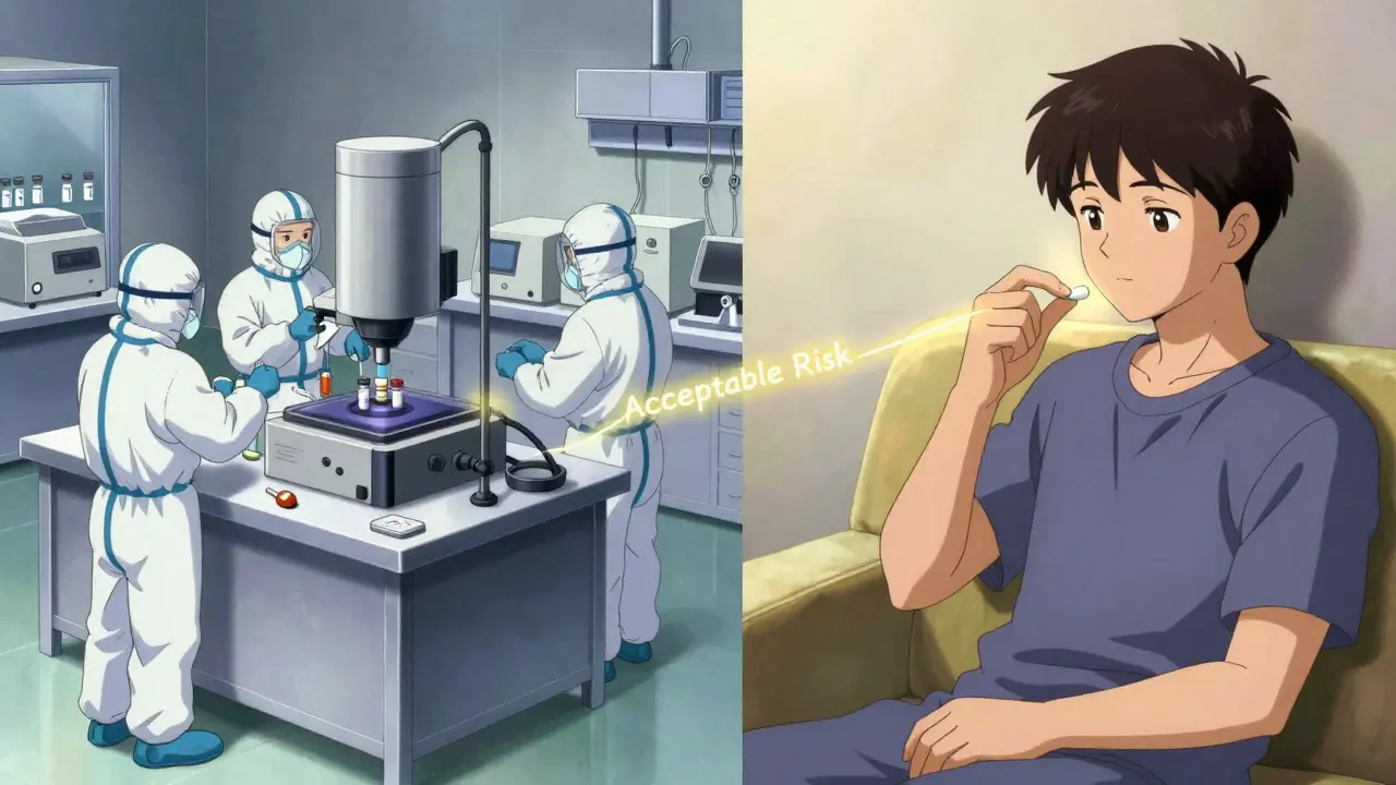 Split scene: lab workers testing drugs on one side, patient taking medicine safely on the other.