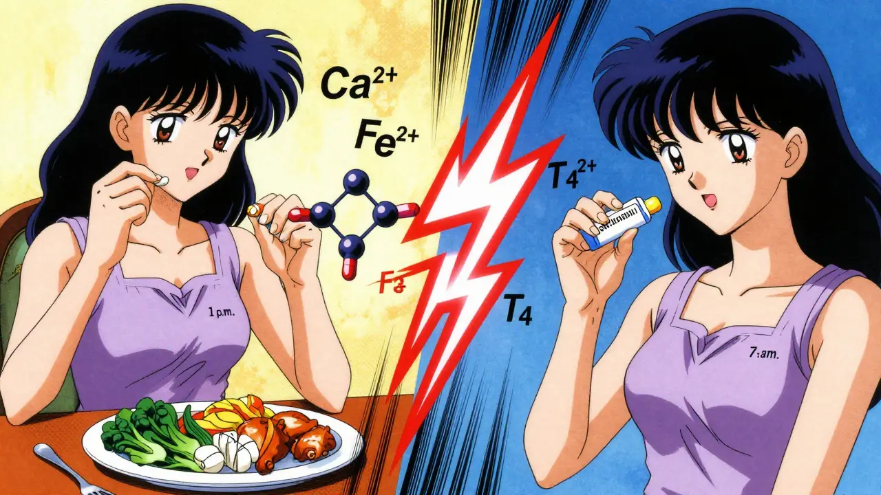 Split scene: levothyroxine and iron supplements shown with glowing chemical barriers between them.