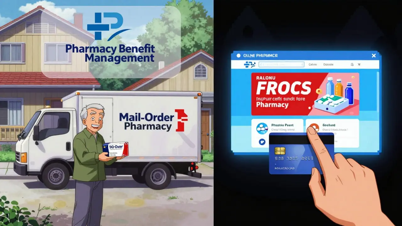 Split scene: mail-order delivery vs. shady online pharmacy with corporate shadow looming.