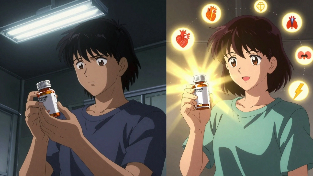 Split scene: worried patient with brand drug vs. happy patient with generic, medical icons glowing equally.