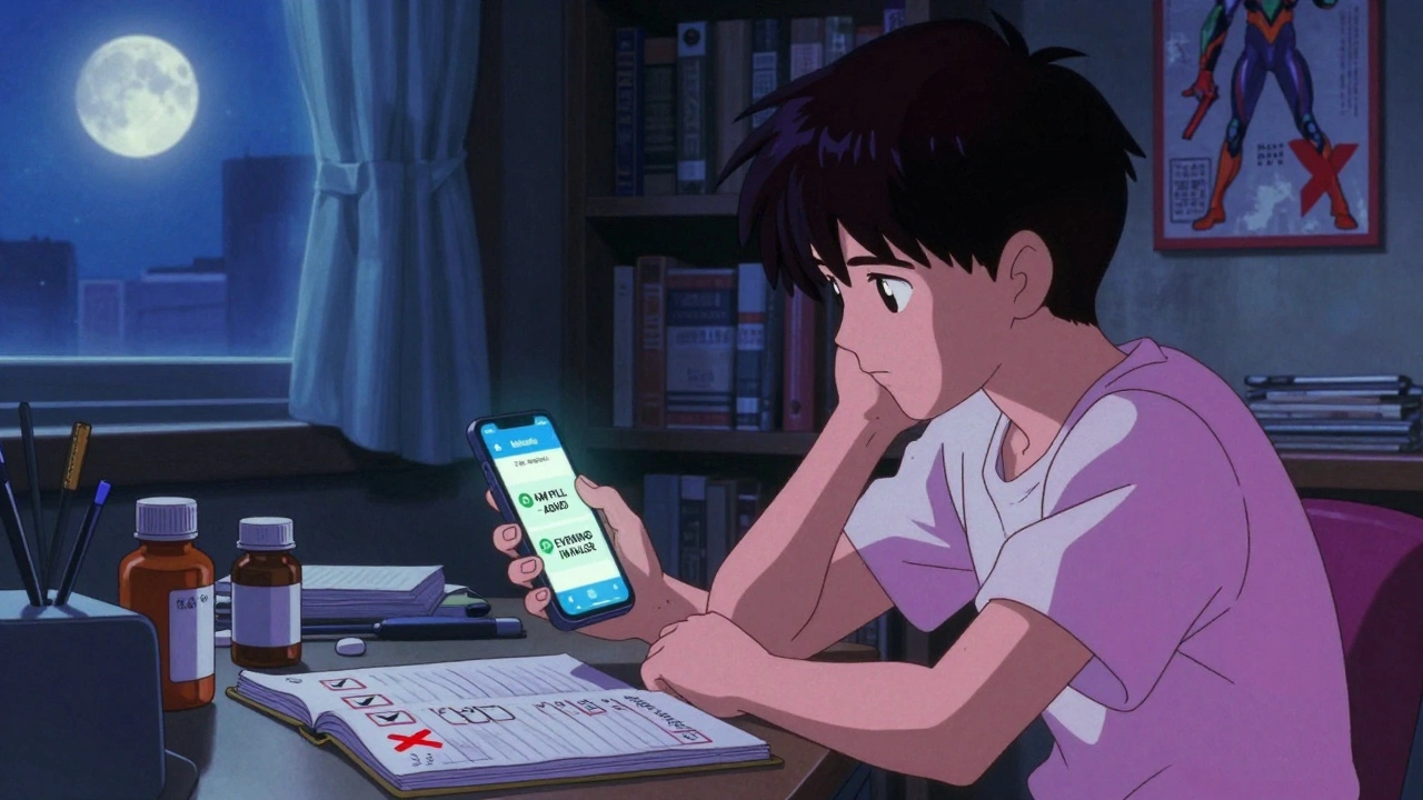 Teen at desk with phone showing medication streak and handwritten logbook under moonlight