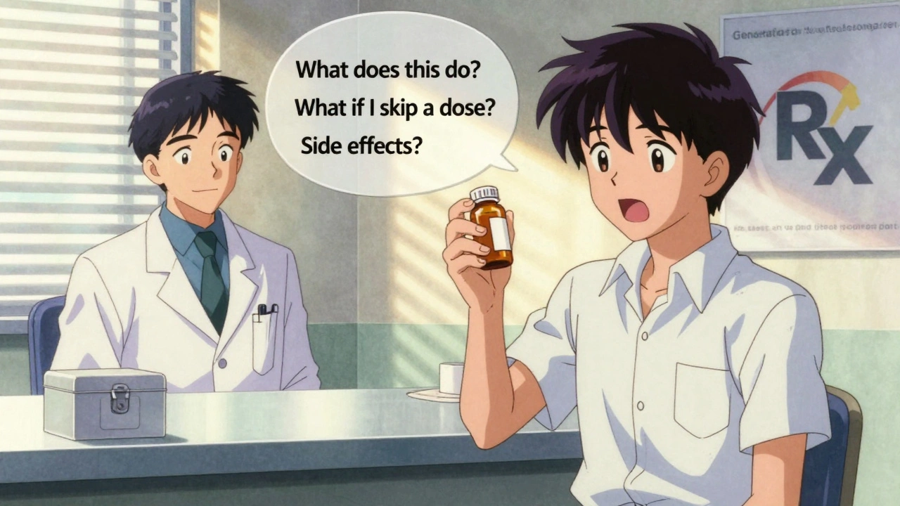 Teen speaking to doctor about meds, locked box visible, speech bubbles with questions