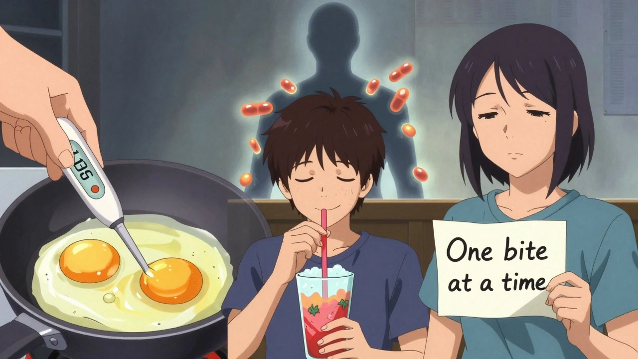 Three scenes showing safe food prep, drinking a smoothie, and a motivational note, with protein molecules forming protective armor.