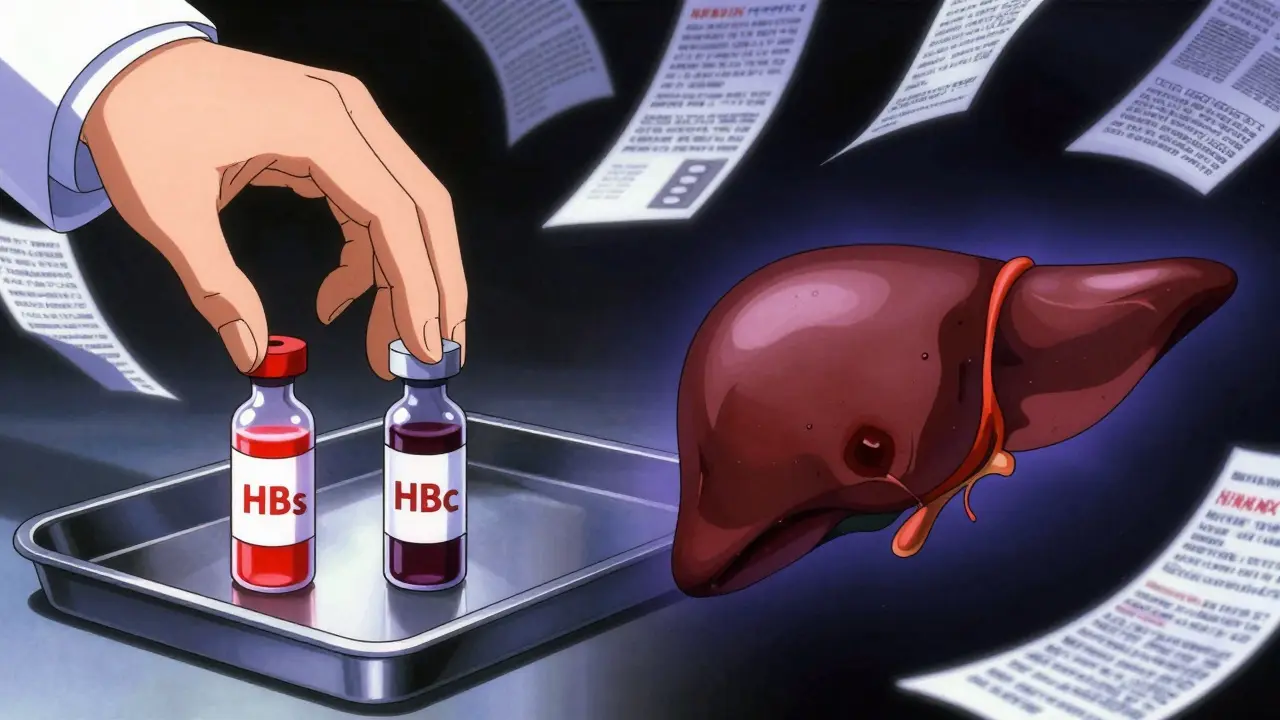 Two blood vials labeled HBsAg and anti-HBc with split images of healthy and damaged livers in 90s anime style.
