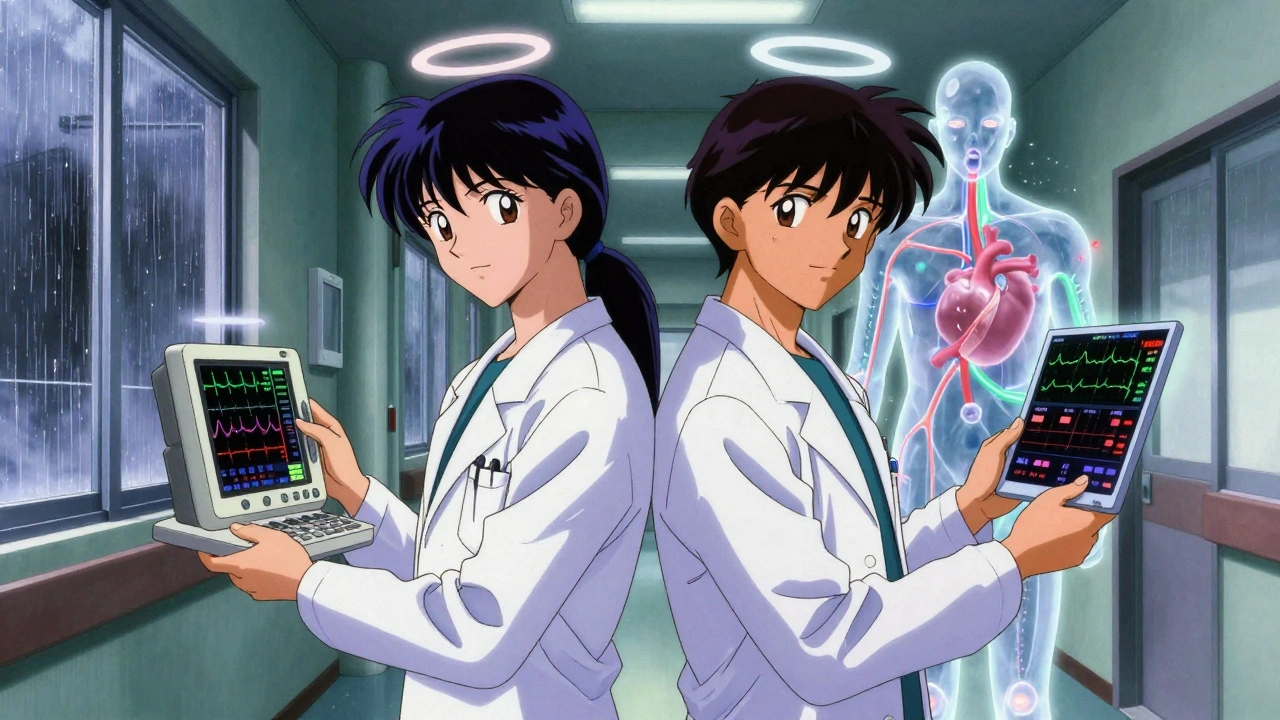 Two doctors standing back-to-back with data streams connecting a patient&#039;s heart and stomach in a hospital corridor.