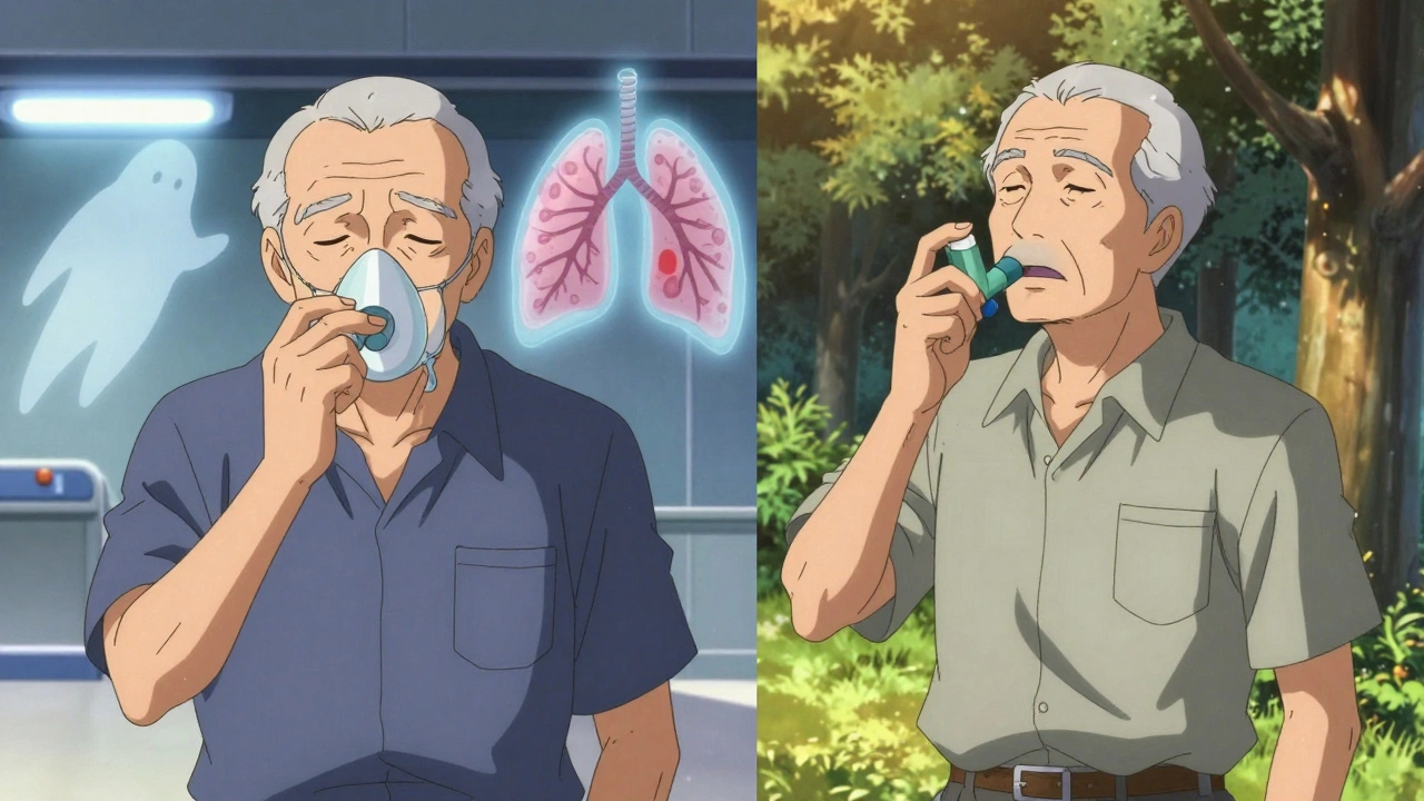 Two elderly patients: one in hospital, one walking in park—symbolizing COPD outcomes.