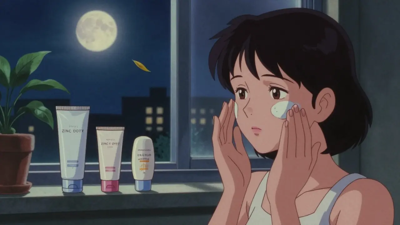 Woman applying mineral sunscreen at night, face calm and clear, with three simple skincare products on a shelf.