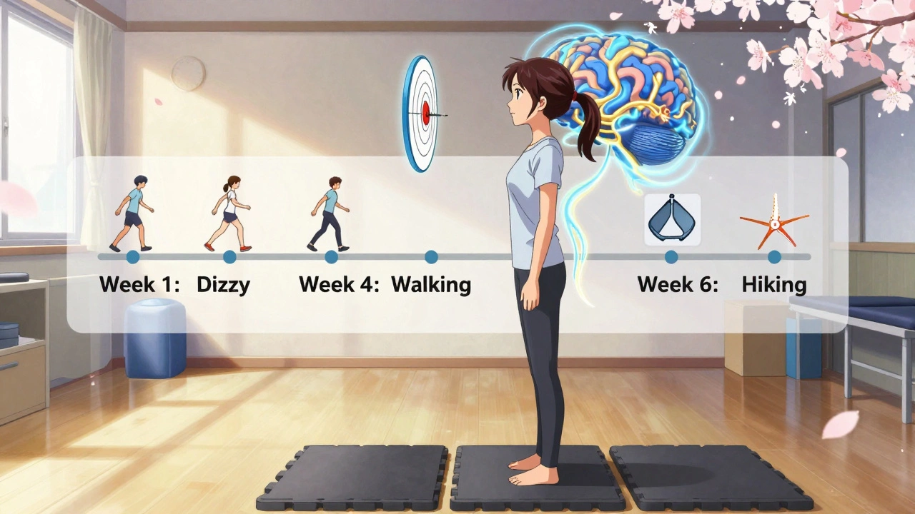 Woman doing vestibular therapy with neural pathways and floating exercise icons