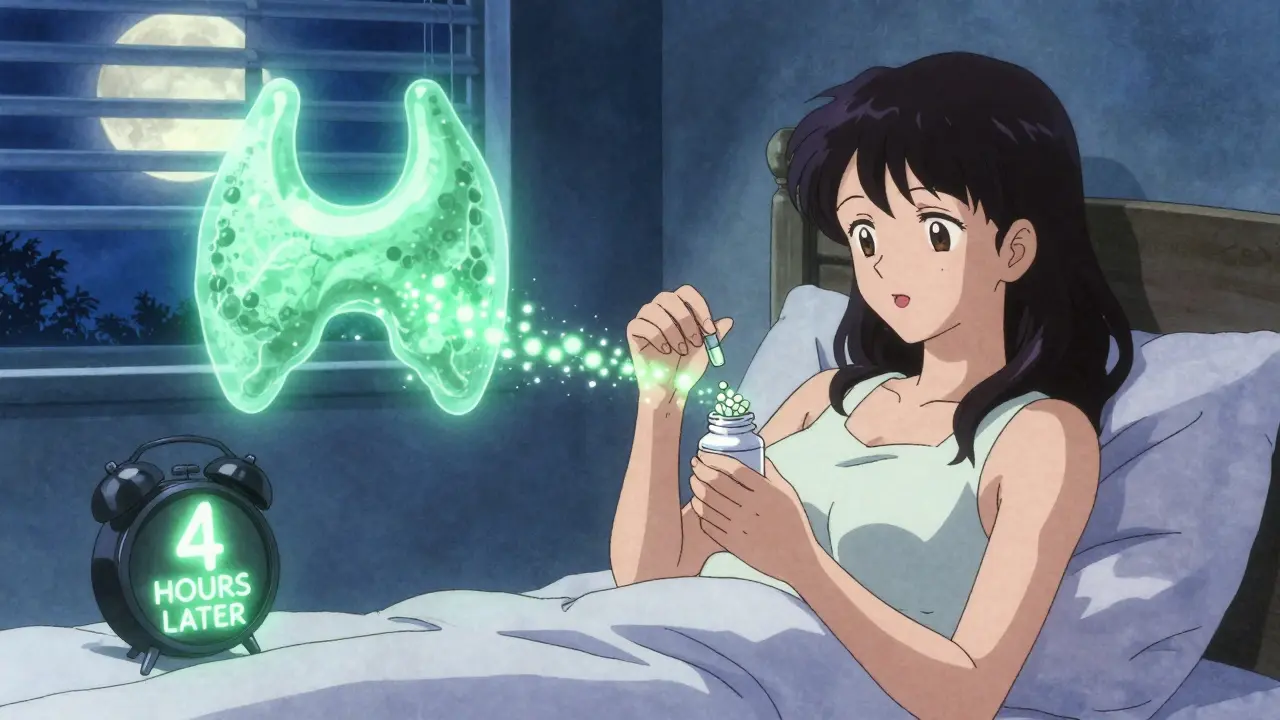 Woman placing calcium pill by bed at night, translucent thyroid glowing green with energy flow.