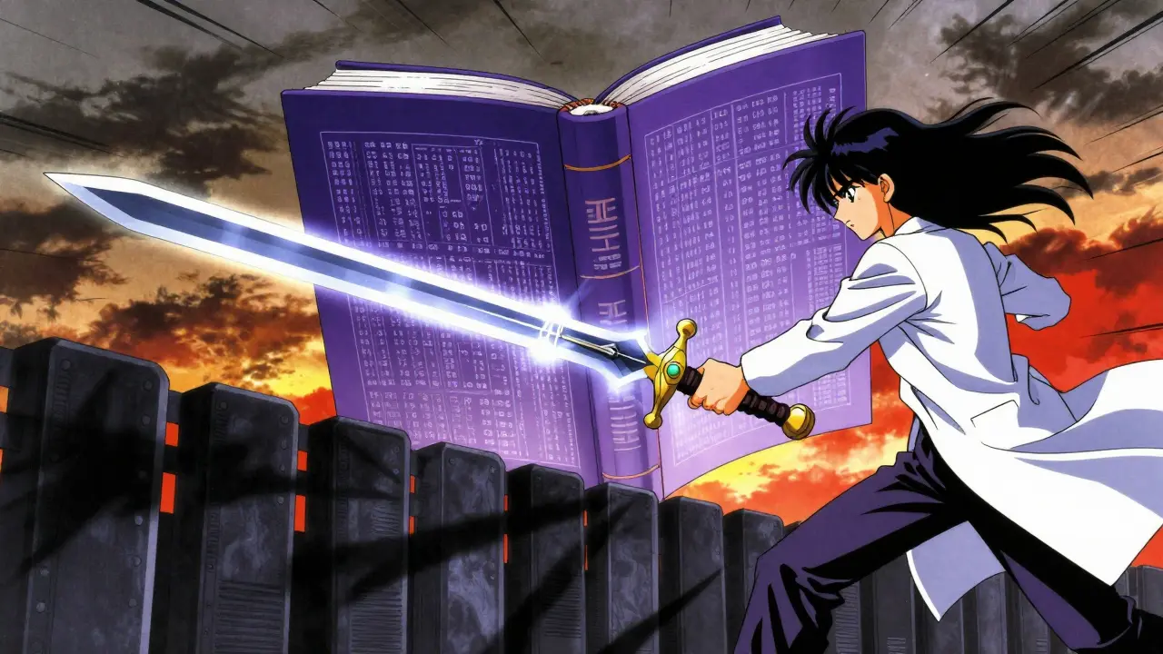 A hero wielding a data-powered sword against patent barriers, before the open Purple Book portal.
