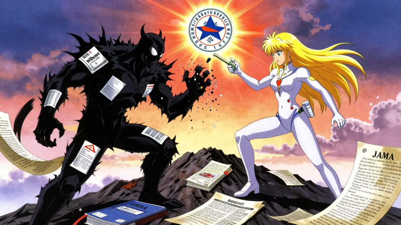 A heroic figure shatters a monster made of outdated medical warnings using a serotonin receptor key, surrounded by research journals.