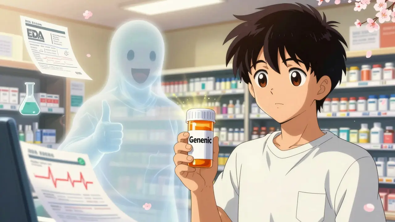 A patient holding a generic prescription in a pharmacy, with a friendly ghostly brand drug smiling beside them.