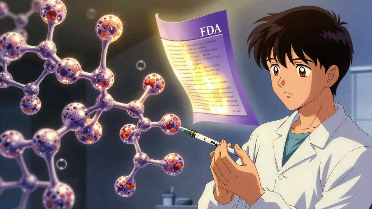 A patient receiving a biosimilar injection beside a floating, glowing FDA Purple Book.