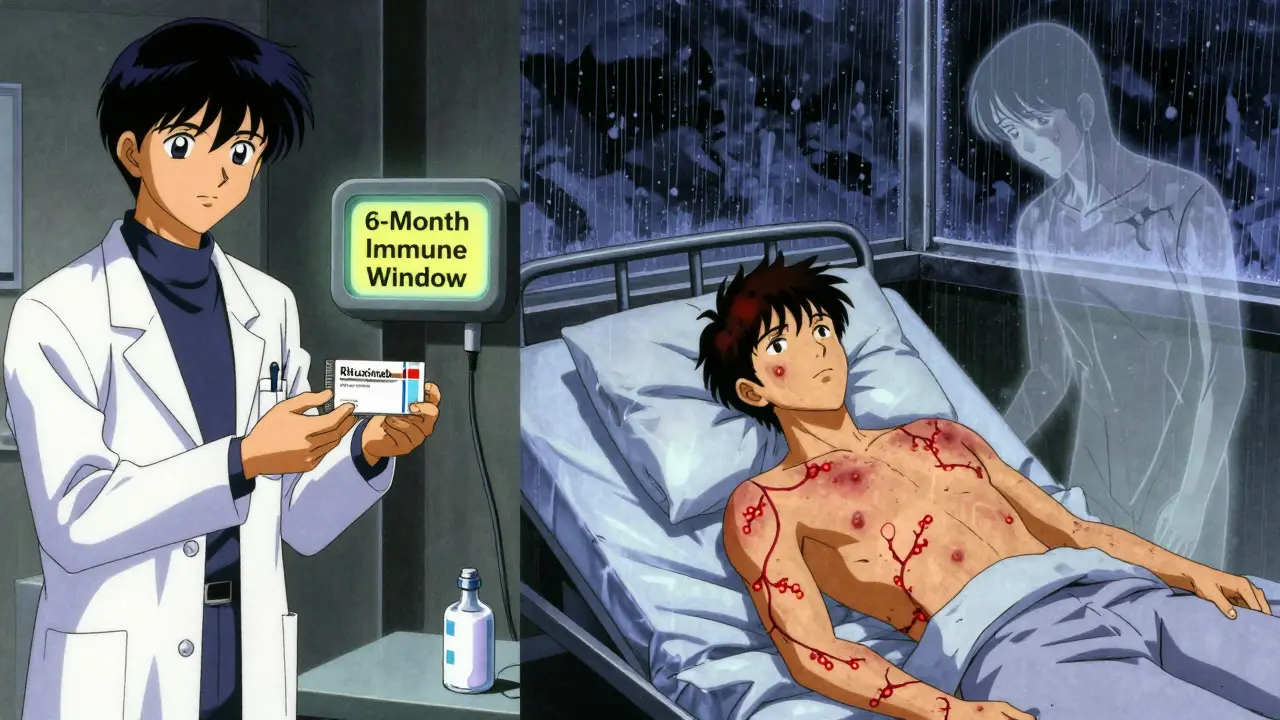 A patient with a glowing shingles rash, a countdown timer above showing '6-Month Immune Window', ghostly figure watching from behind.