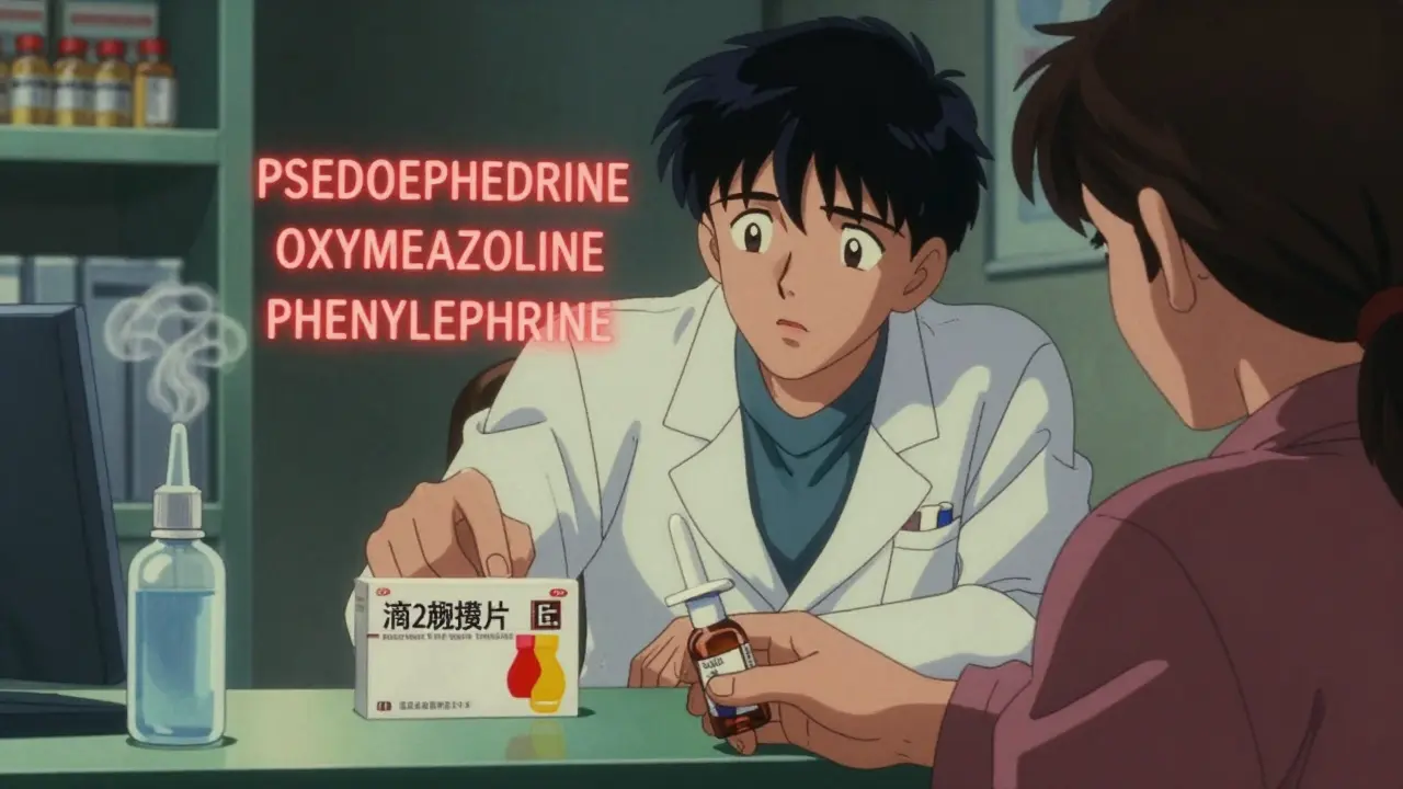 A pharmacist showing a patient the dangerous ingredients on a cold medicine label.