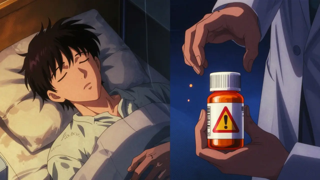 A thyroid medication bottle changes to a generic label, with warning symbols and floating hormone particles.