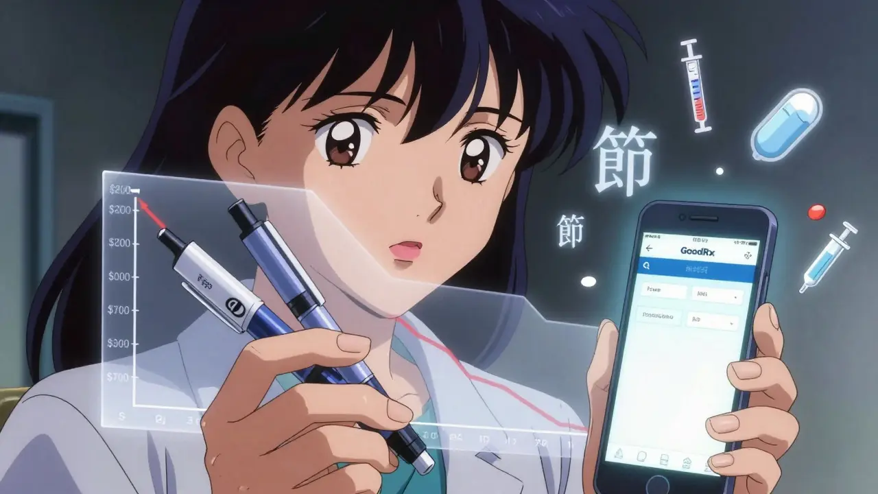 A woman holding two identical insulin pens with a price drop graph floating behind her and a GoodRx screen glowing in her hand.
