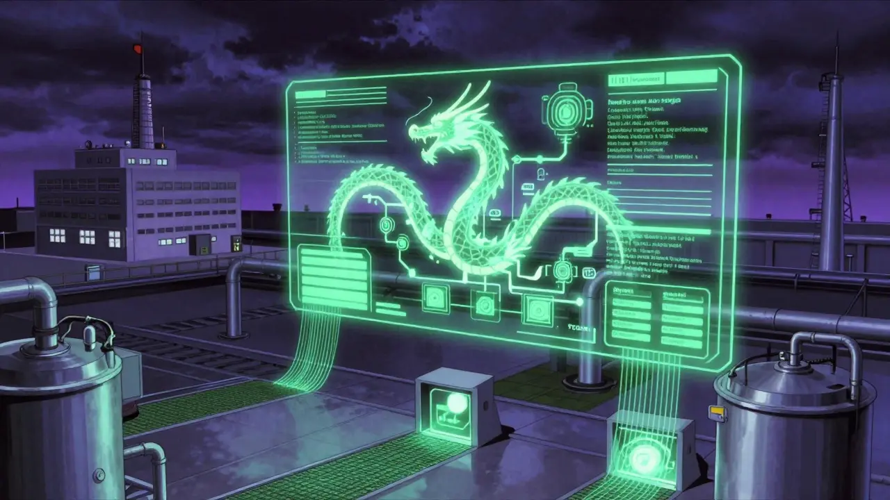 An AI dragon circuit analyzes contamination risks above a pharmaceutical line, with protective mats glowing at entry.