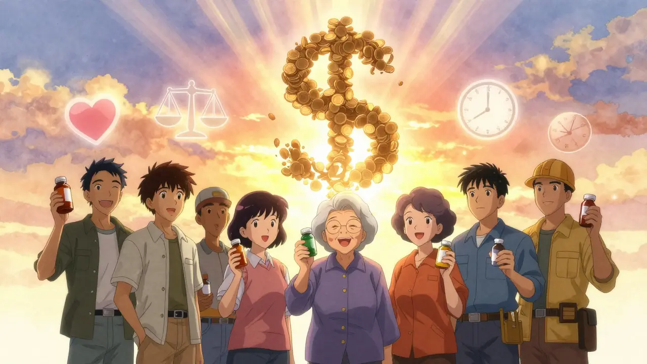 Diverse patients holding generic pills under a sunset, shadows forming a breaking dollar sign.