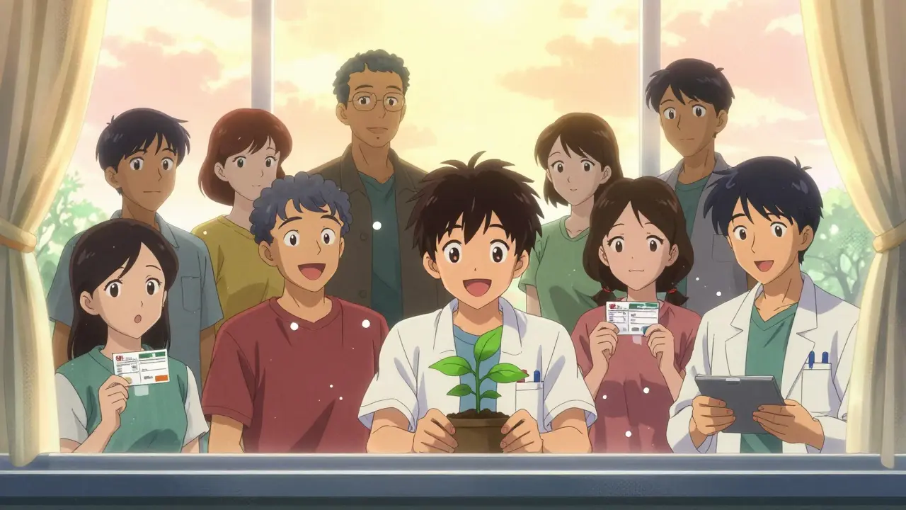 Diverse patients holding vaccination cards and checking blood tests, gentle light particles around them, sunrise through window, hopeful mood.