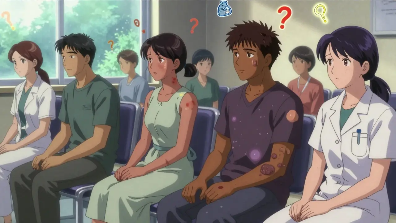 Diverse patients in clinic with visible skin conditions: ashen plaques, pitted nails, and leathery patches under neon lighting.