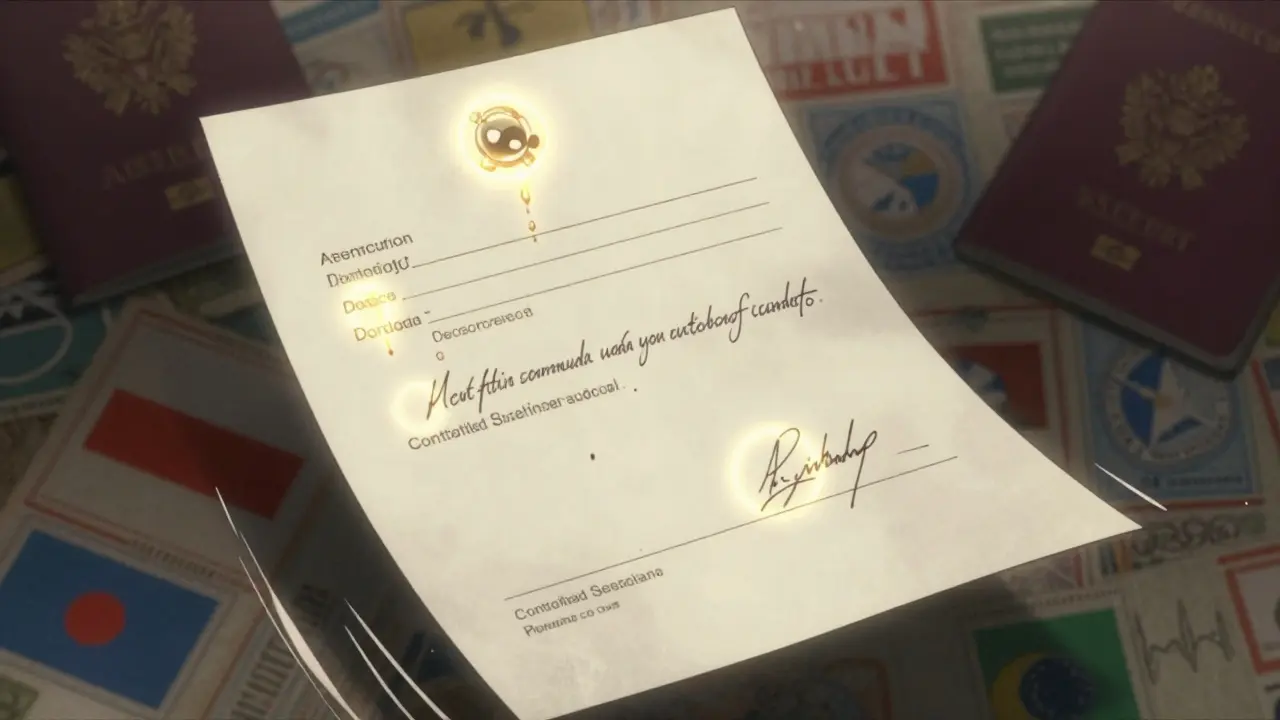 Floating doctor's letter with glowing required details, international stamps fading in background.