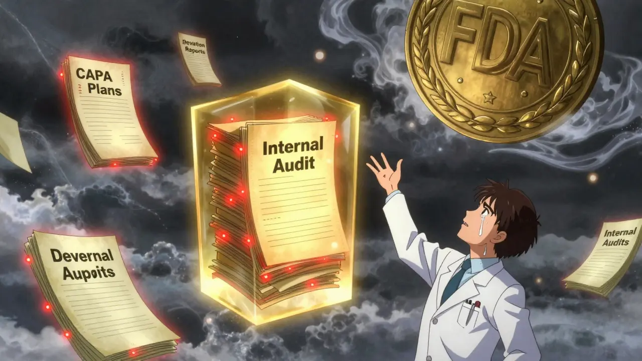 Floating documents in a stormy sky, protected internal audits shielded as others glow with warning lights.