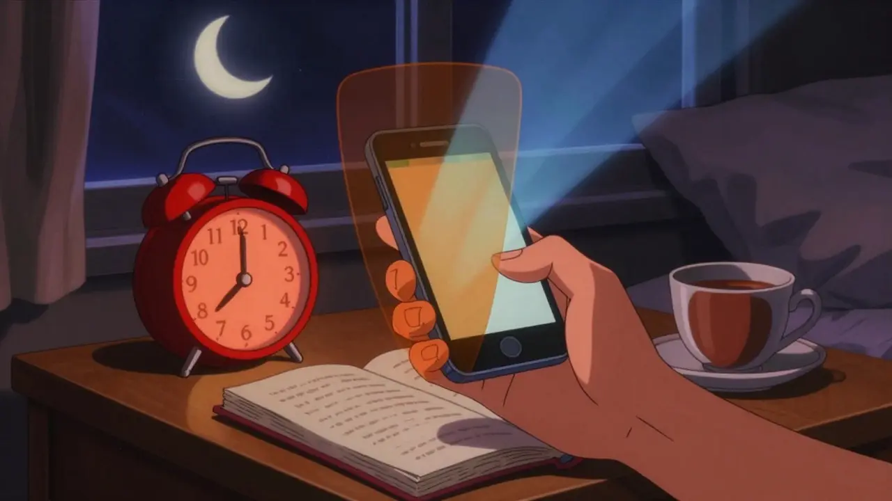 Hand holding phone with orange filter, red alarm clock, book and tea on nightstand