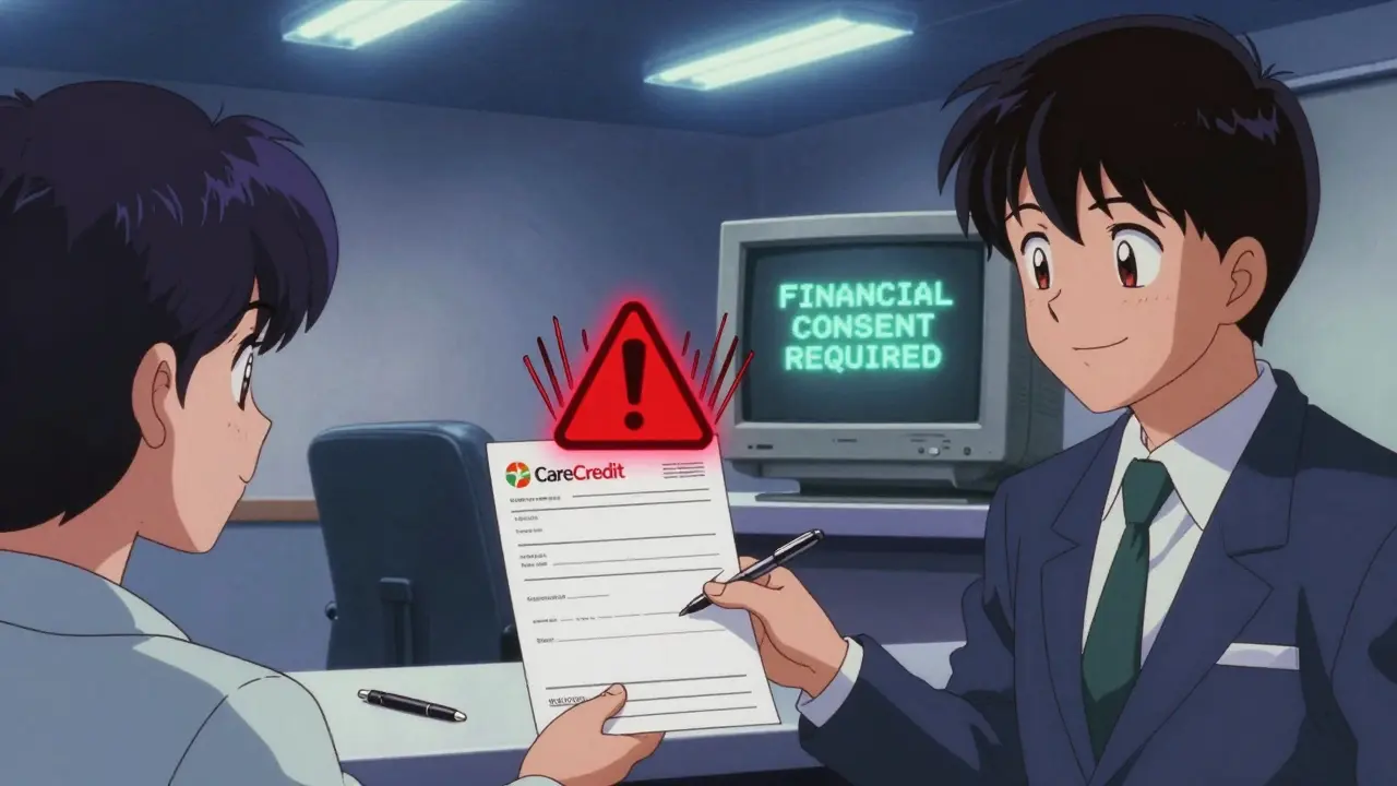 Healthcare worker handing a blank financial application to a patient, pen untouched on the counter.