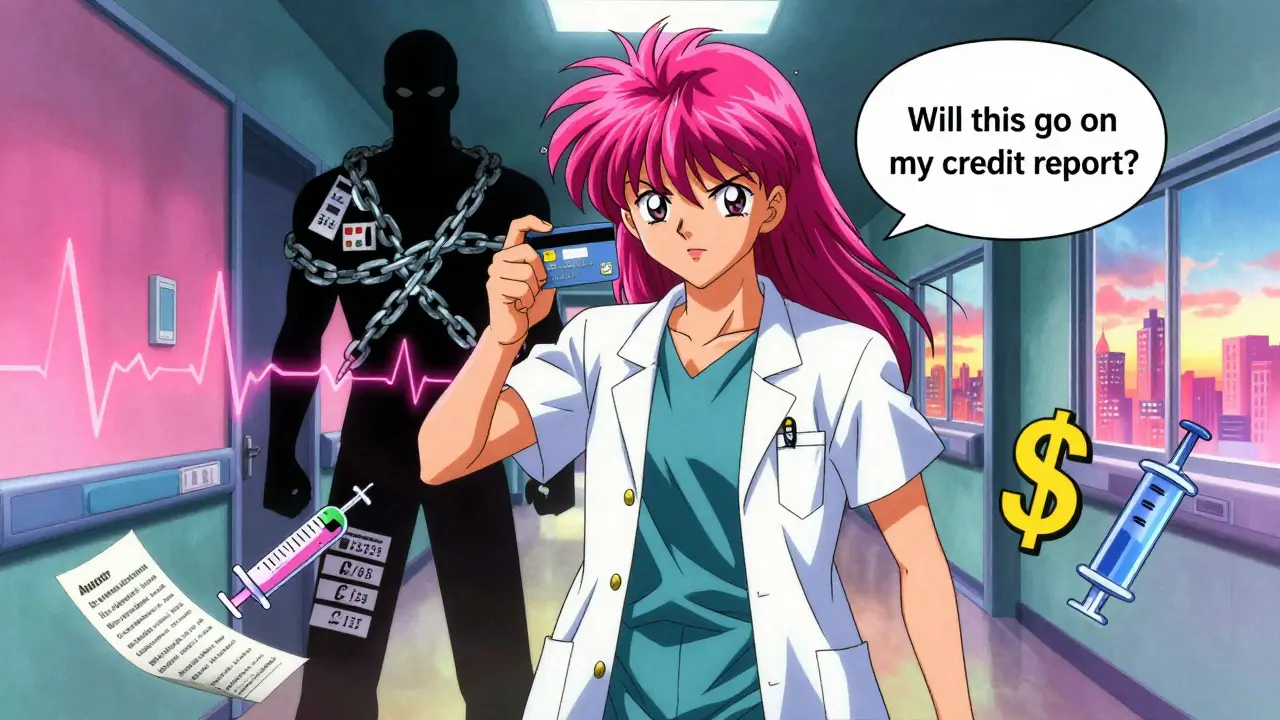 Patient holding a credit card and asking about credit reporting, with shadowy debt figure looming behind.