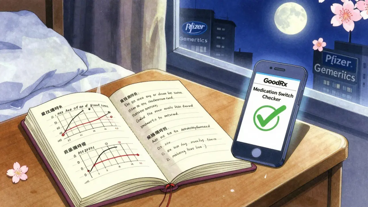 Patient’s journal with mood charts and smartphone showing authorized generic confirmation.