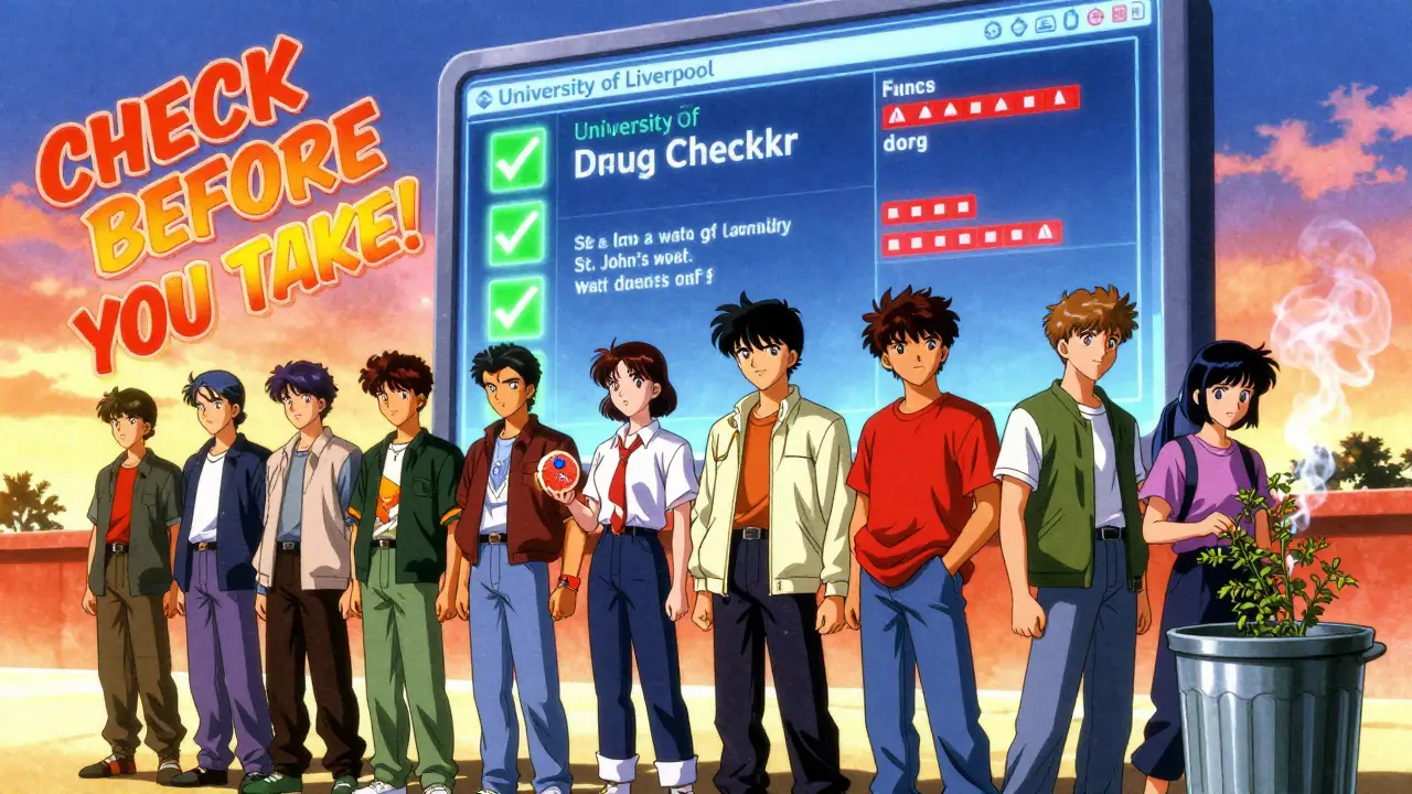 Patients checking drug interactions on a holographic screen with grapefruit and herbal warnings