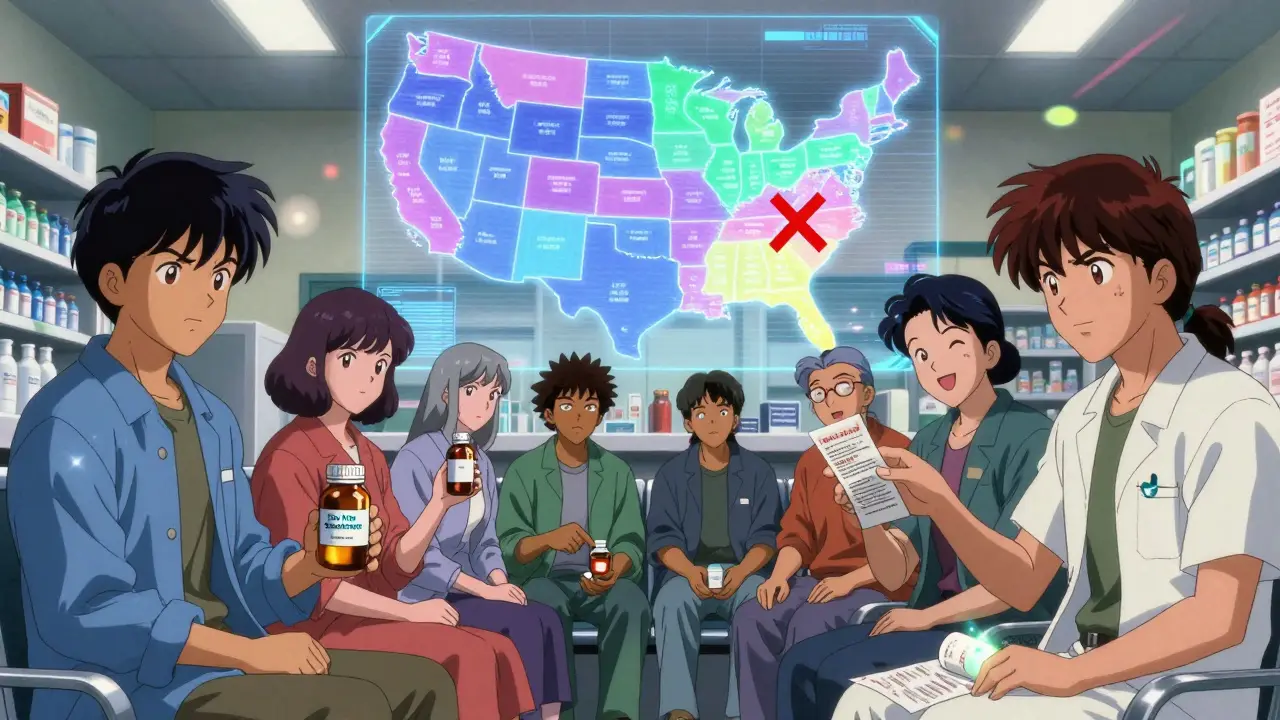 Patients in a pharmacy hold different meds while a holographic U.S. map shows state-by-state substitution laws.