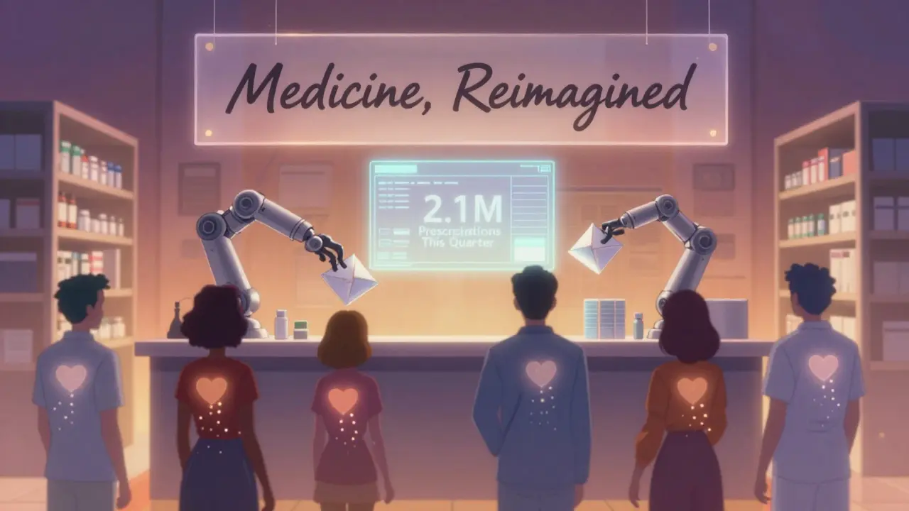 Robotic pharmacy warehouse with holographic stats, silhouetted people receiving meds with light trails to their hearts.