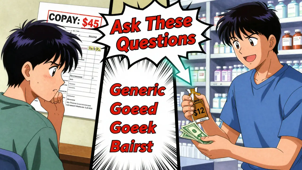 Split scene: a patient paying  vs.  for the same drug, with a glowing arrow showing key questions to ask at the pharmacy.